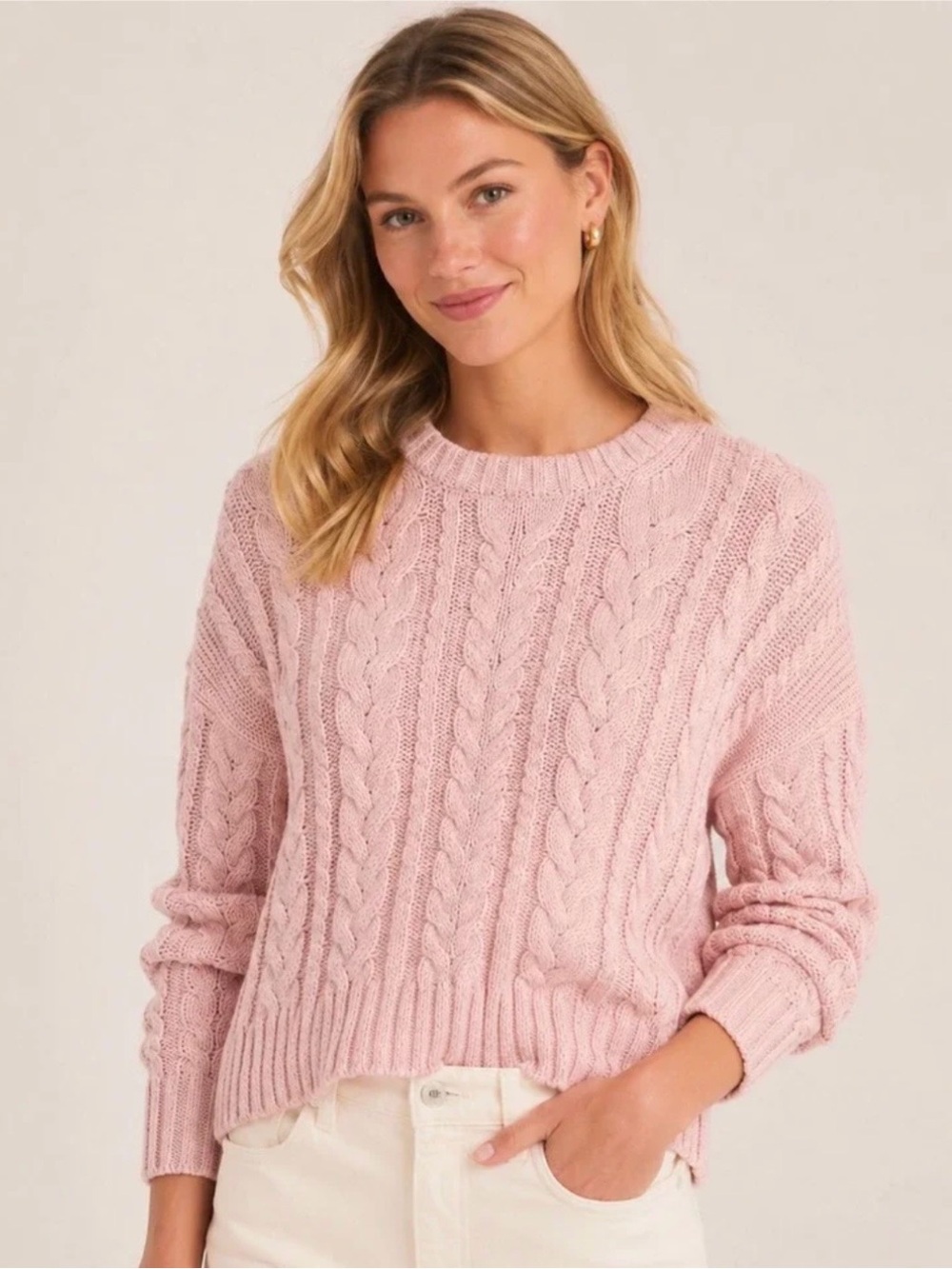 J Crew Cable-knit crewneck sweater Pink XS Chunky Preppy Old Money Pastel Ballet